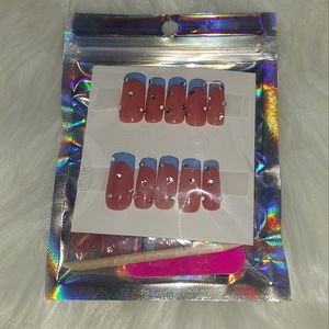 22 piece press on nails square blinged light blue french tip